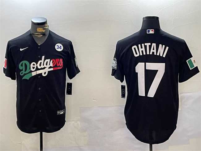 Men%27s Los Angeles Dodgers #17 Shohei Ohtani Black Mexico 2024 World Series With No. 34 Patch Cool Base Stitched Baseball Jersey->los angeles dodgers->MLB Jersey